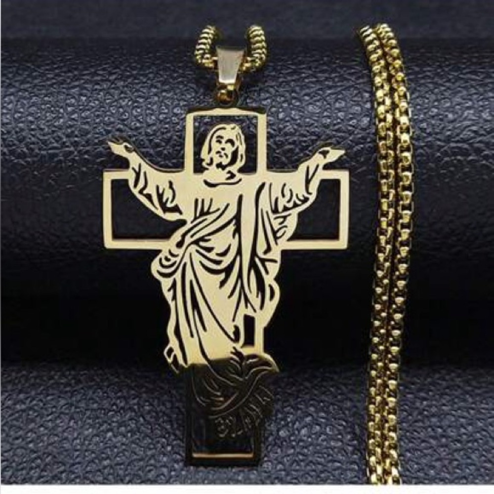 Stainless steel Gold Jesus Cross Pendant Necklace unisex
